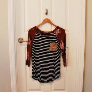 Floral Sleeve Striped Baseball Tee